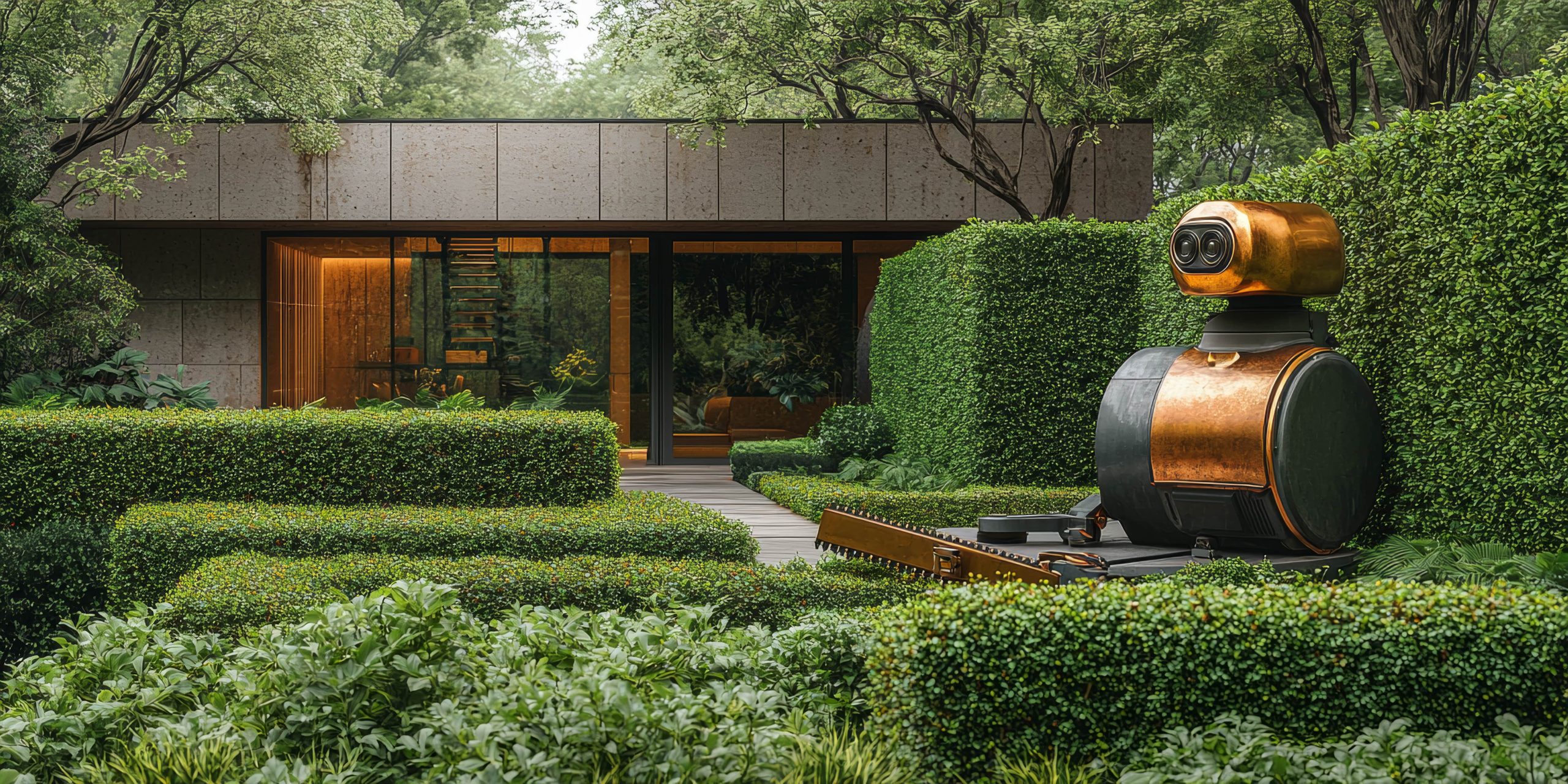 Modern robotic lawn mower trimming hedges in a luxury garden with minimalist architecture – Landscaping Design in Cyprus.