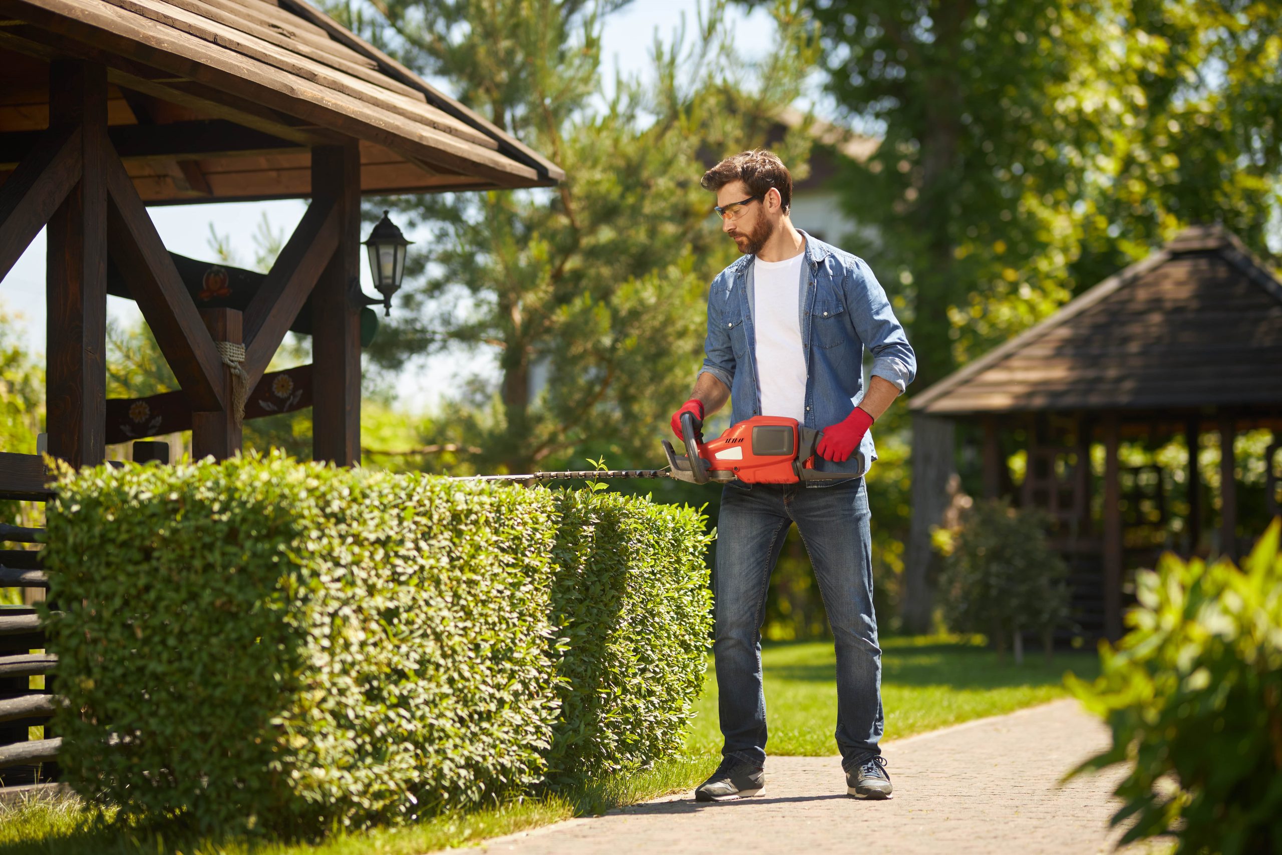Man trimming hedges with an electric trimmer in a well-maintained garden as part of professional landscaping design in Cyprus.